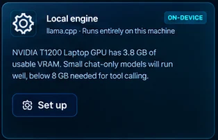 The llama.cpp local engine card with a hardware check