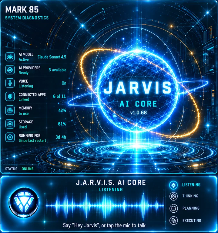 The Mark 85 centre panel with the Jarvis AI core and voice status