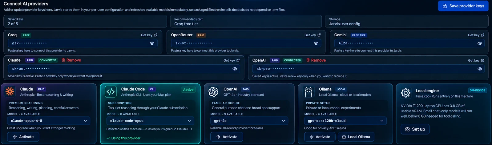 AI Core provider keys and provider cards