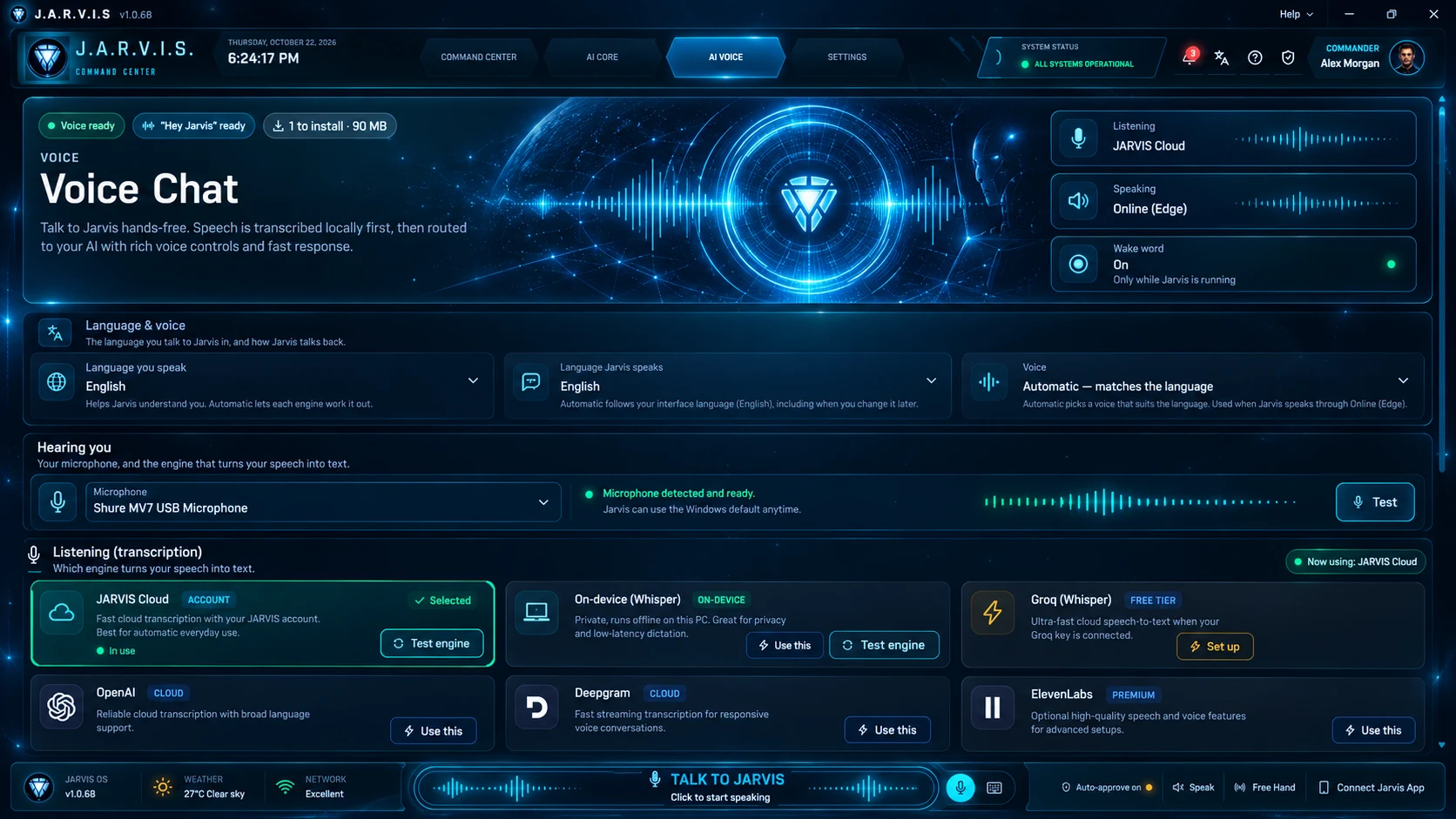 Jarvis AI Voice settings with language, microphone and transcription engines