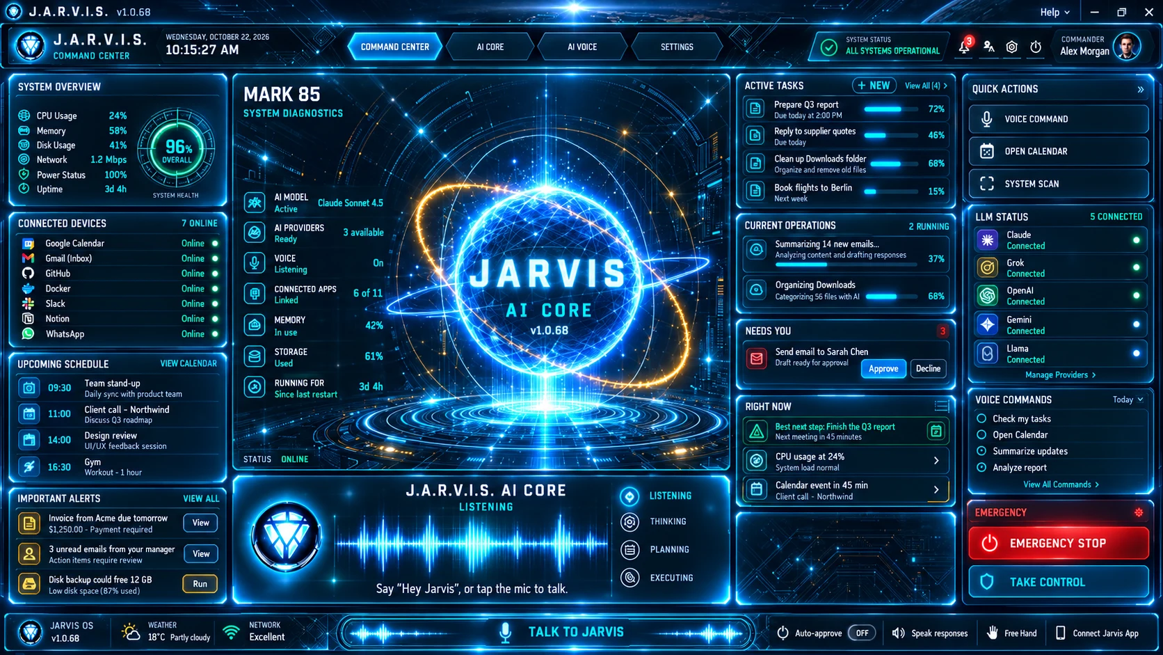 The full Jarvis dashboard: top bar, Command Center panels, Quick Actions column and bottom bar