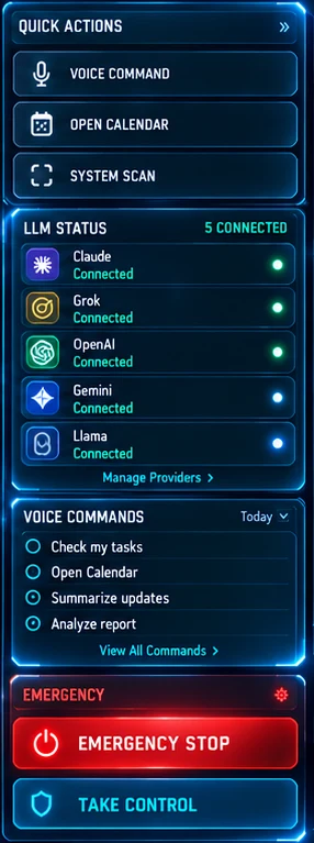 Quick Actions, LLM Status, Voice Commands and the emergency controls