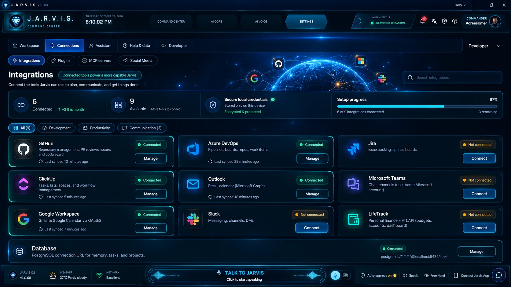 Jarvis Settings, Connections, Integrations