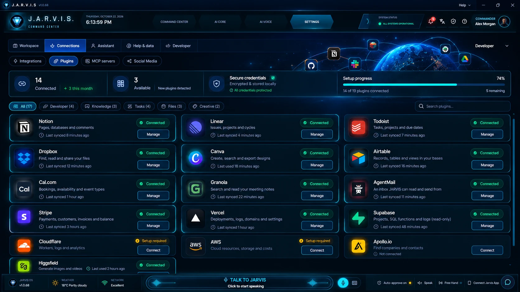 Jarvis Settings, Connections, Plugins
