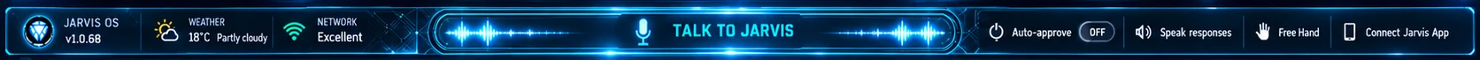 The Jarvis bottom bar with Talk to Jarvis, auto-approve, speak responses and Free Hand